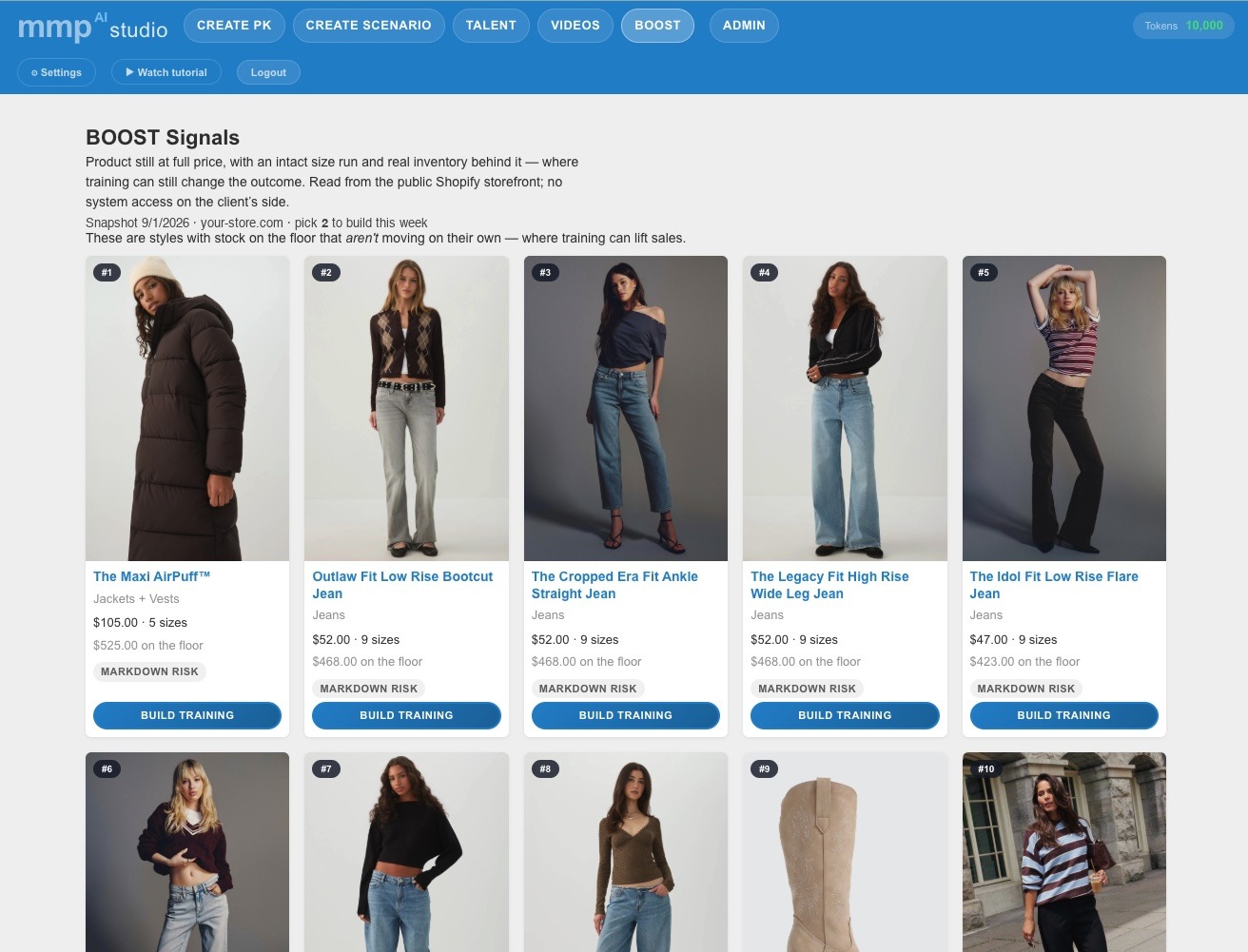 The BOOST Signals tab: a ranked shortlist of ten products from a Shopify storefront, each card showing its rank, price, size count, the dollar value on the floor, a markdown-risk tag, and a Build training button.