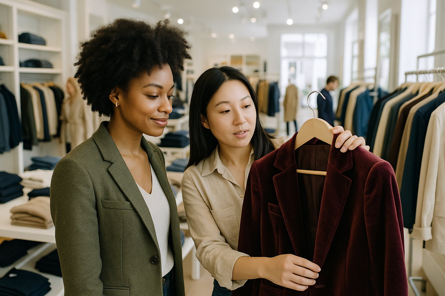 A sales associate shows a shopper a burgundy velvet blazer in a bright fashion store